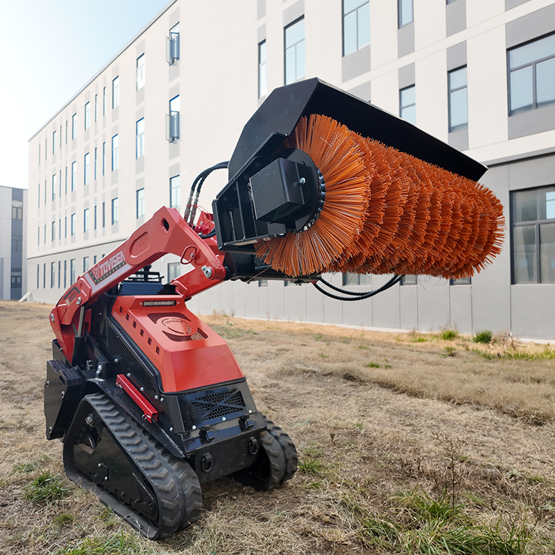 TOVISEN skid steer angle sweeper with blue poly bristles and hydraulic tilt mechanism